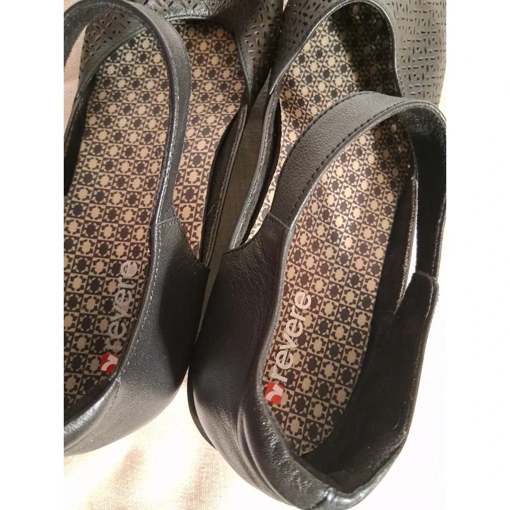 Revere Osaka Black Laser Cut Leather Mary Jane‎ Wedge Shoes Womens 10M